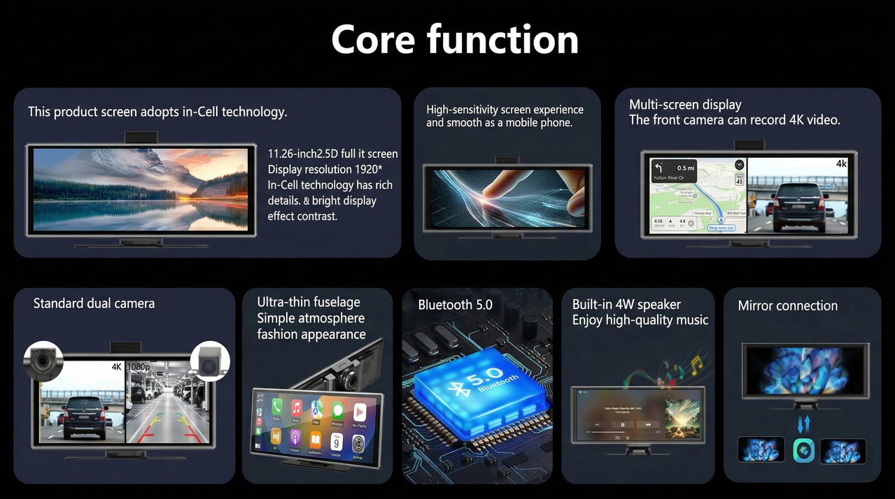 Excitat ecran navigatie auto 11.26 inch, ecran IPS touch, wireless CarPlay Android Auto, DVR 4K, upgrade rapid pentru masina