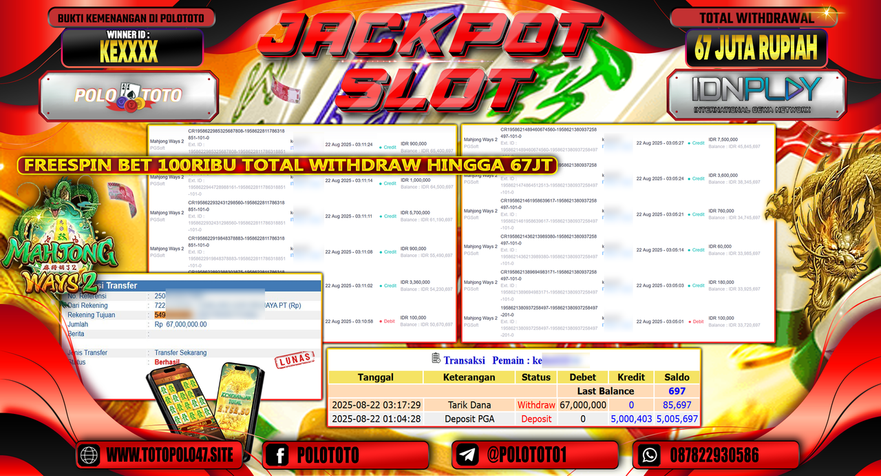 POLOTOTO JACKPOT SLOT MAHJONG WAYS 2 Rp.67.000.000,-