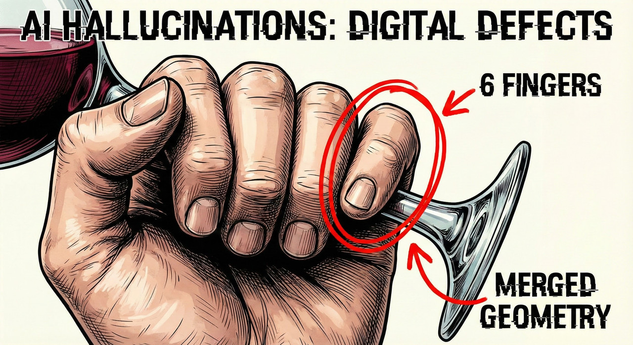 Close up diagram of AI hallucinations in photos showing extra fingers on a hand holding a wine glass