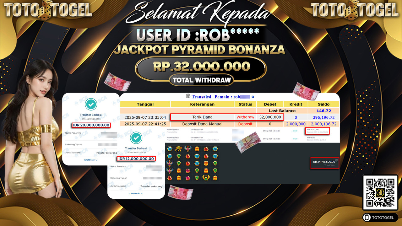 Bukti Pembayaran Jackpot Permainan Slot Pyramid Bonanza ID:ROB***** LUNAS