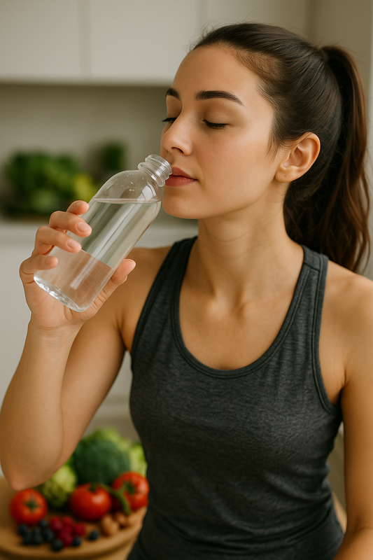 Frau mit Wasserflasche, frische Lebensmittel im Hintergrund