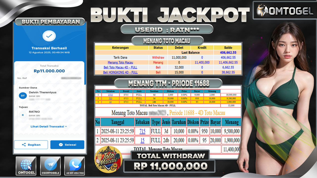 OMTOGEL JACKPOT TOTO MACAU 3D 2D 11 JUTA DI BAYAR LUNAS ,-