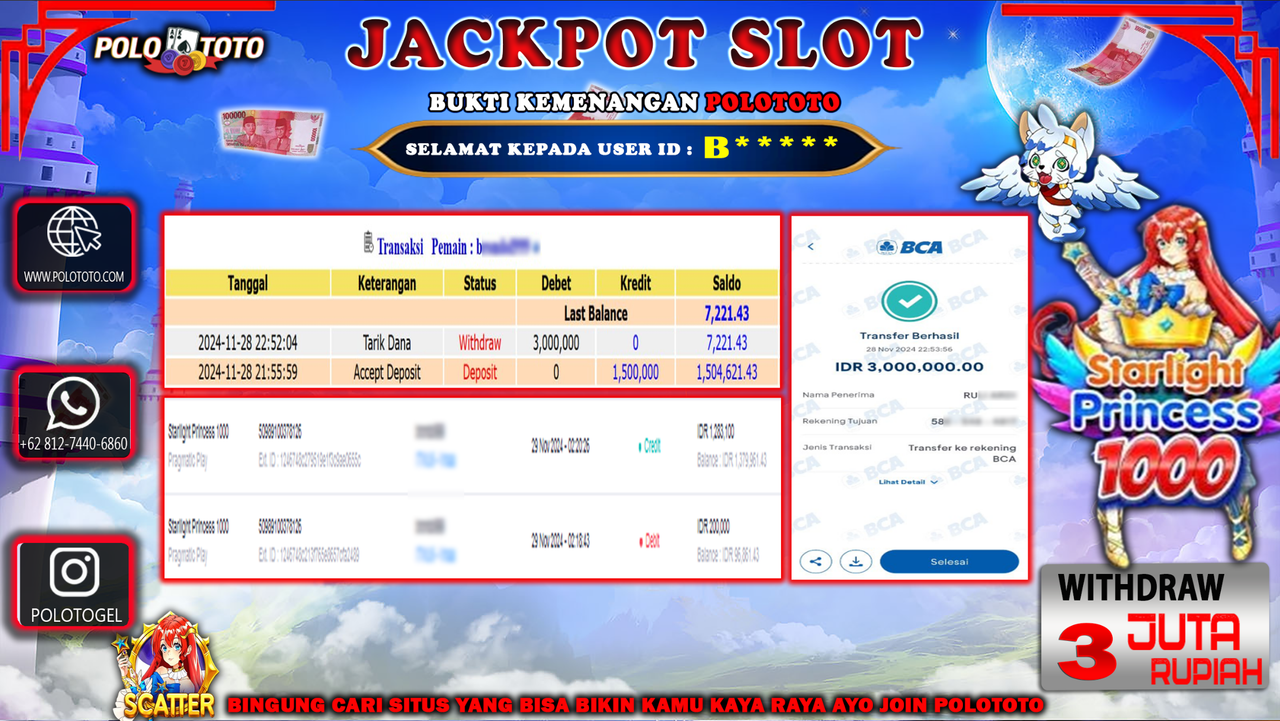 POLOTOTO JACKPOT SLOT STARLIGHT PRINCESS 1000 Rp.3,000.000,-