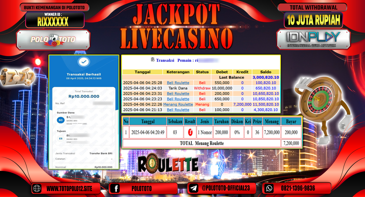 POLOTOTO JACKPOT LIVE CASINO ROULETTE  Rp.10.000.000,-