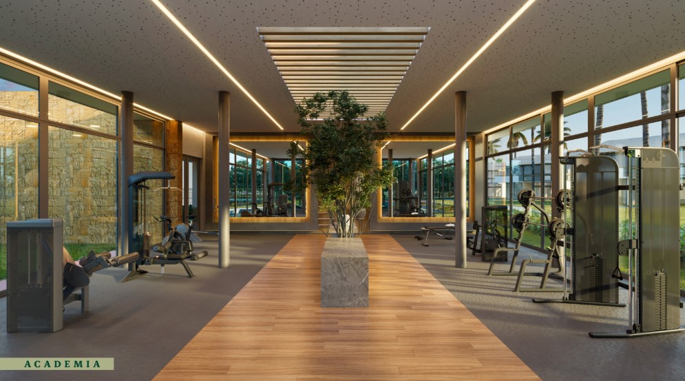 Academia moderna com equipamentos de ponta e vista panorâmica