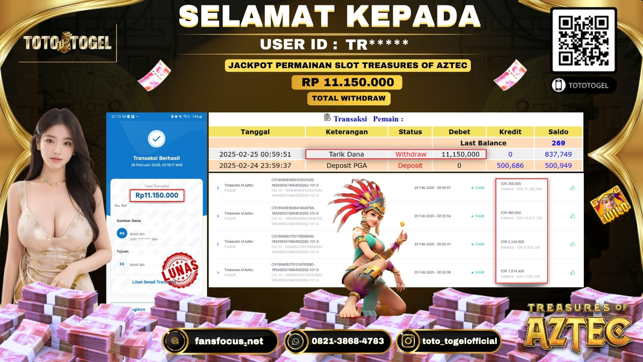 Bukti Pembayaran Jackpot  Permainan Slot Treasures Of Aztec  ID:TR***** LUNAS