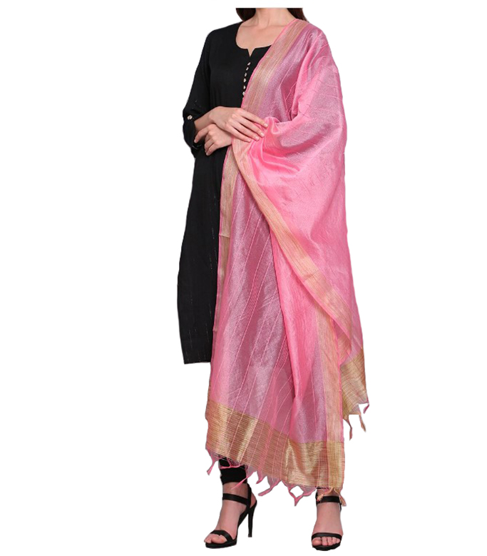 Chanderi Dupatta Gold Toned Striped with Zari Veil Stole Neck Scarf For Women's - Picture 30 of 46