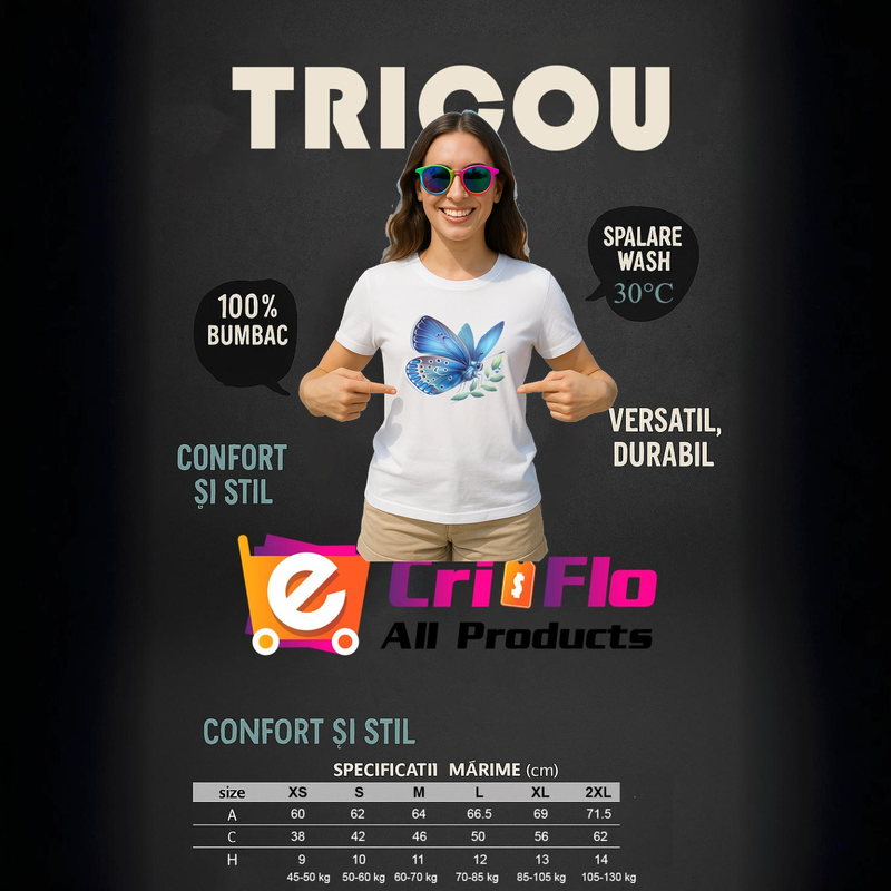 Tricou Fluture albastru pastel pe frunza fundal simplu, Dama, 100% bumbac, Cri-Flo, Culoare Alb, Marime M