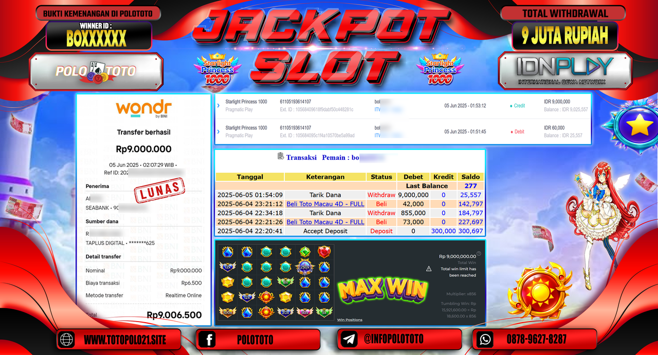 POLOTOTO JACKPOT SLOT STARLIGHT PRINCESS 1000 Rp.9.000.000,-