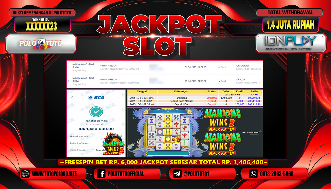 POLOTOTO JACKPOT SLOT MAHJONG WINS 3 - BLACK SCATTER Rp.1.400.000,- LUNAS