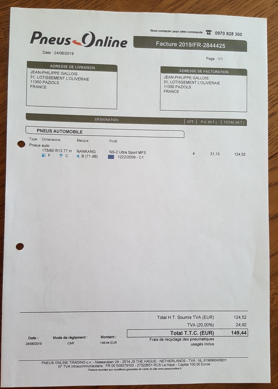 Facture pneus Trophee R30 12 04 2021