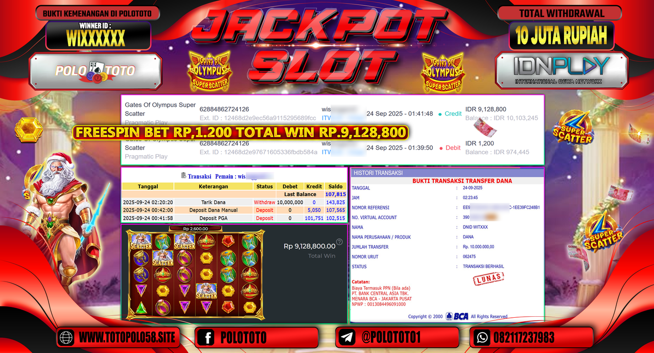 POLOTOTO JACKPOT SLOT GATES OF OLYMPUS SUPER SCATTER Rp.10.000.000,- LUNAS