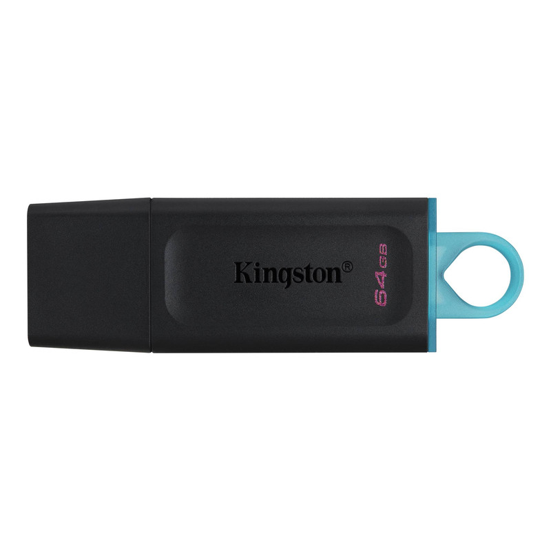 Memoria USB Kingston DataTraveler Exodia de 64GB en color negro y turquesa.