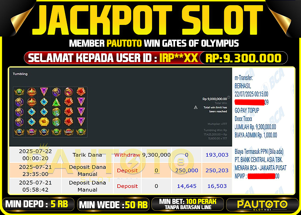 BUKTI PEMBAYARAN TGL 21 JULY 2025 MENANG DI PERMAINAN GATES OF OLYMPUS TOTAL WD 9 JUTAAN
