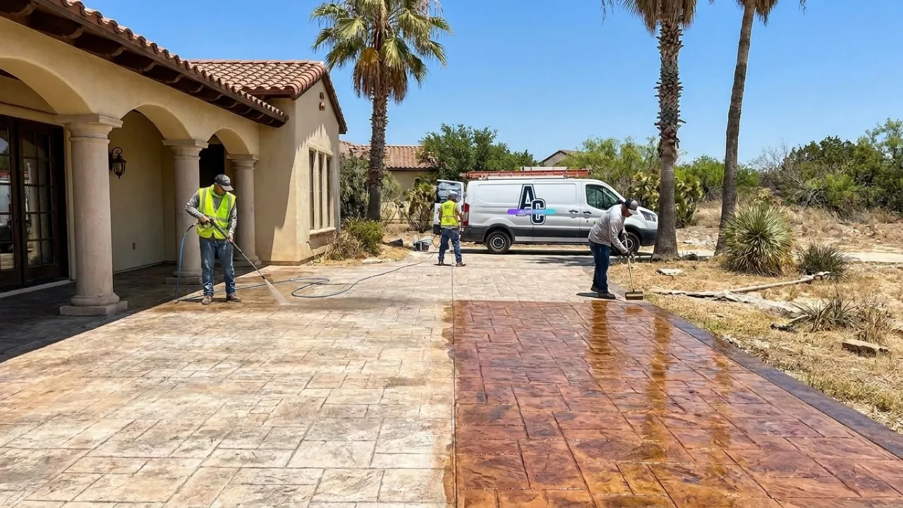 Stamped concrete patio in San Antonio, TX showing UV color fade and worn sealer — the release color has washed out after several seasons of Texas sun without resealing, leaving the pattern dull and the surface absorbing stains