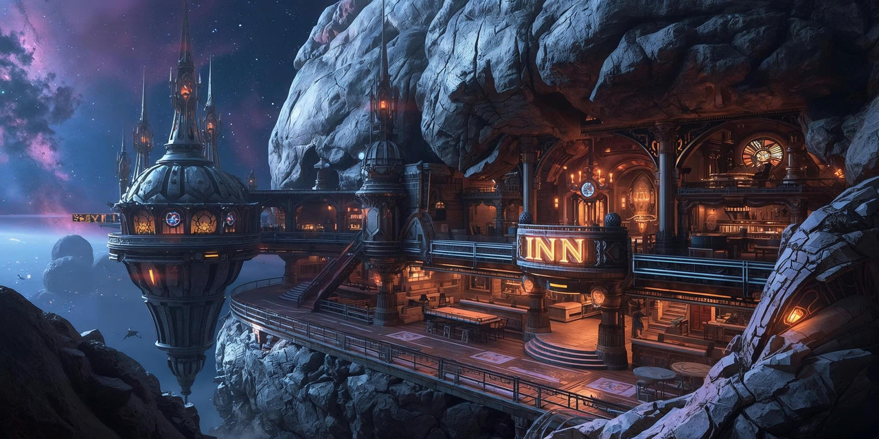 Genera l immagine di una locanda scifi fantasy costruita su un asteroide