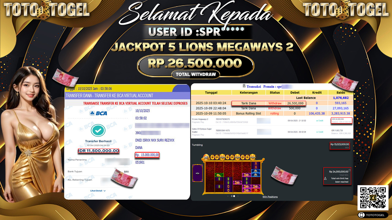 Bukti Pembayaran Jackpot Permainan Slot 5 Lions Megaways 2  ID:SPR*** LUNAS