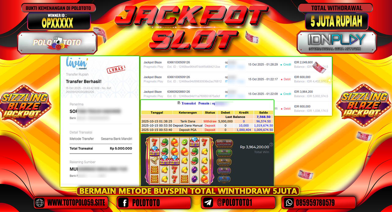 POLOTOTO JACKPOT SLOT JACKPOT BLAZE Rp.5.000.000,- LUNAS