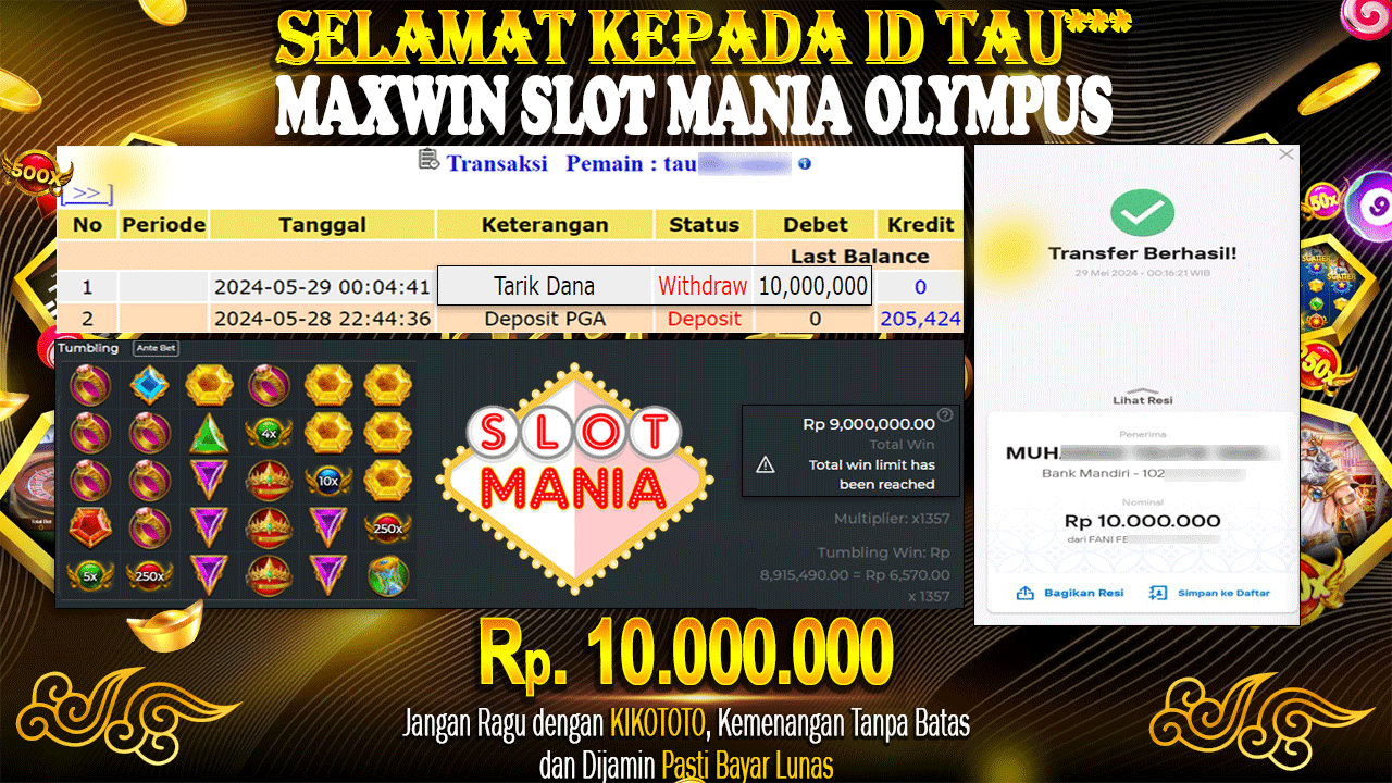 MAXWIN !!! MENANG BESAR DI SLOT MANIA OLYMPUS SEBESAR Rp 10,000,000 LANGSUNG DI BAYAR KIKOTOTO !!!!