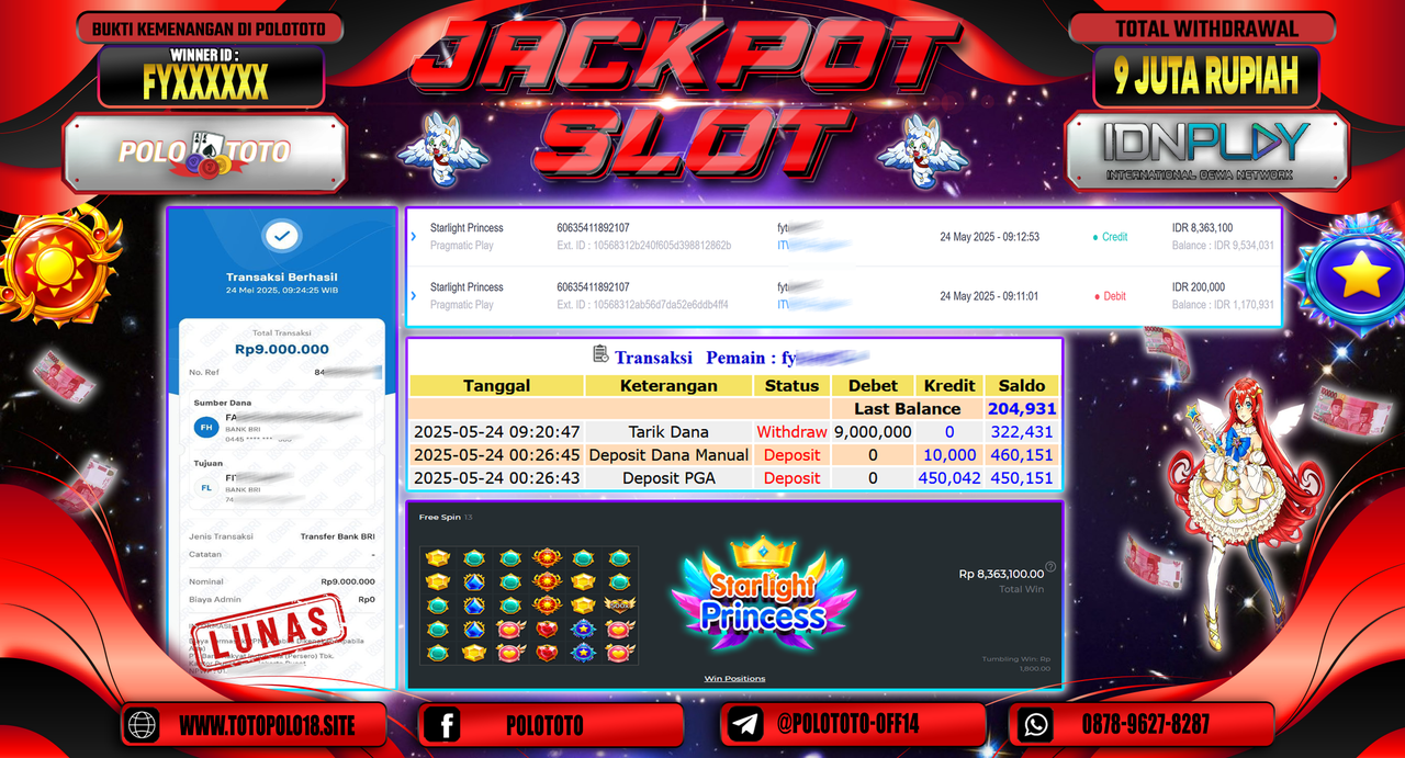 POLOTOTO JACKPOT SLOT STARLIGHT PRINCESS Rp.9.000.000,-