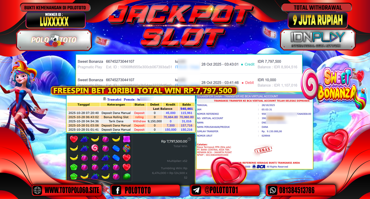 POLOTOTO JACKPOT SLOT SWEET BONANZA Rp.9.000.000,- LUNAS