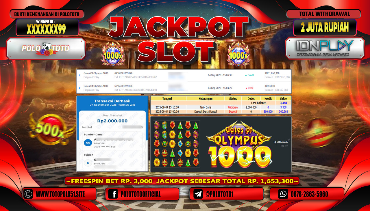 POLOTOTO JACKPOT SLOT GATES OF OLYMPUS 1000 Rp.2.000.000,- LUNAS