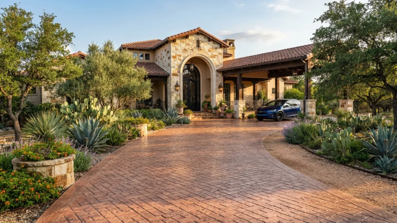 Cobblestone stamped concrete driveway entry San Antonio Texas