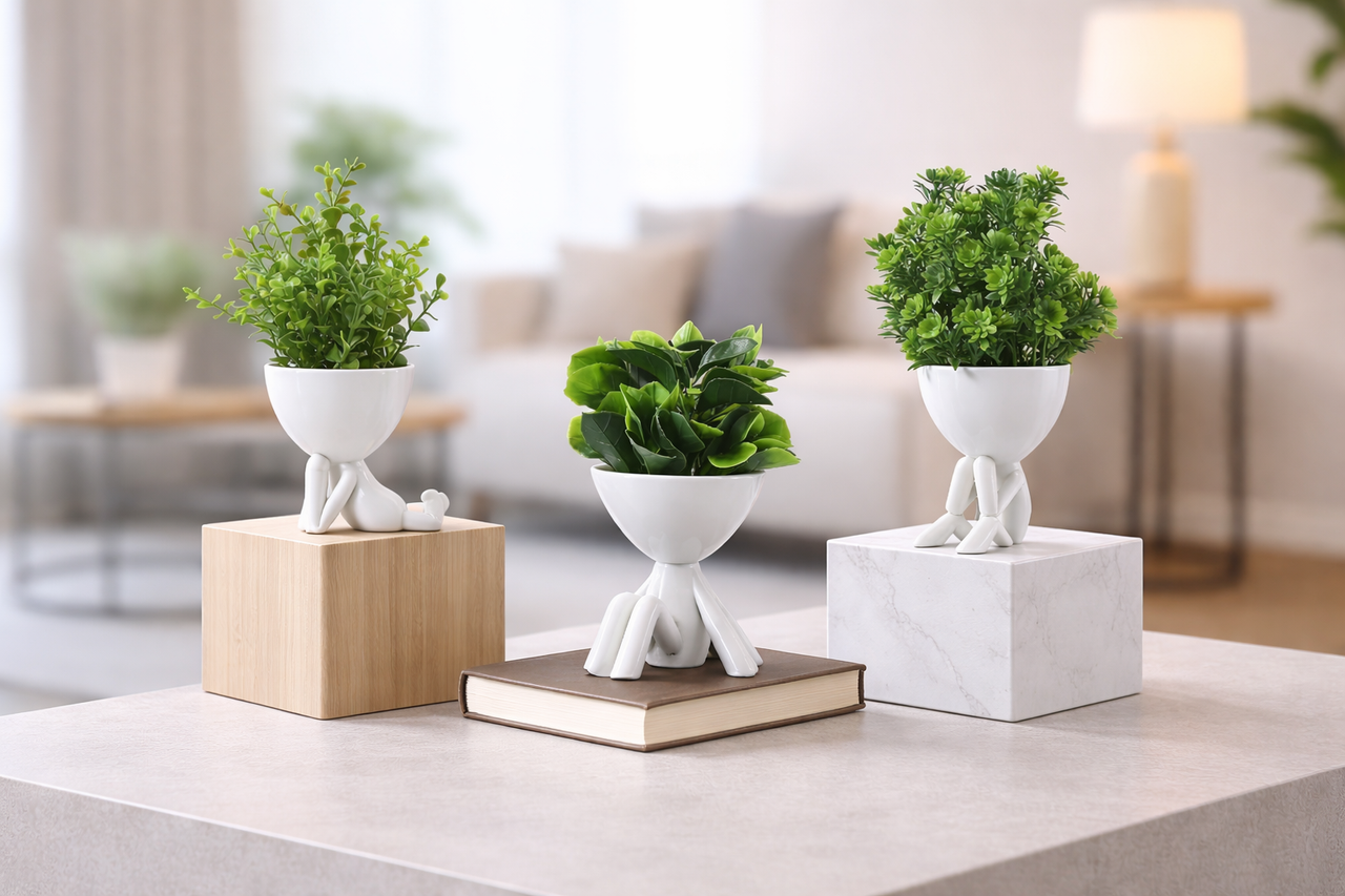 Kuber Industries 3 Pcs Set Plastic Mini Artificial Plants with Pot 