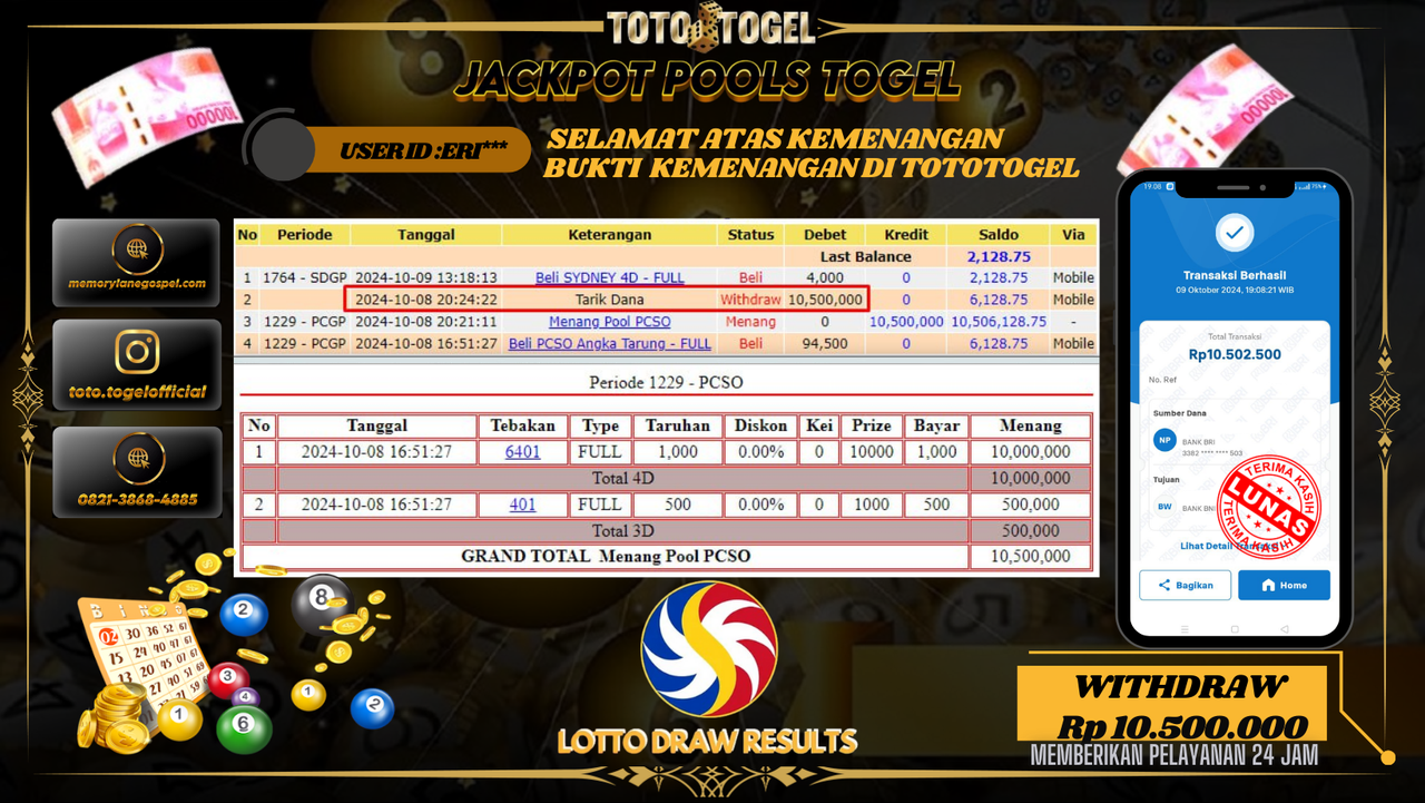 Bukti Kemenangan Permainan Pools Togel PCSO ID : ERI** Terbayar Lunas!!