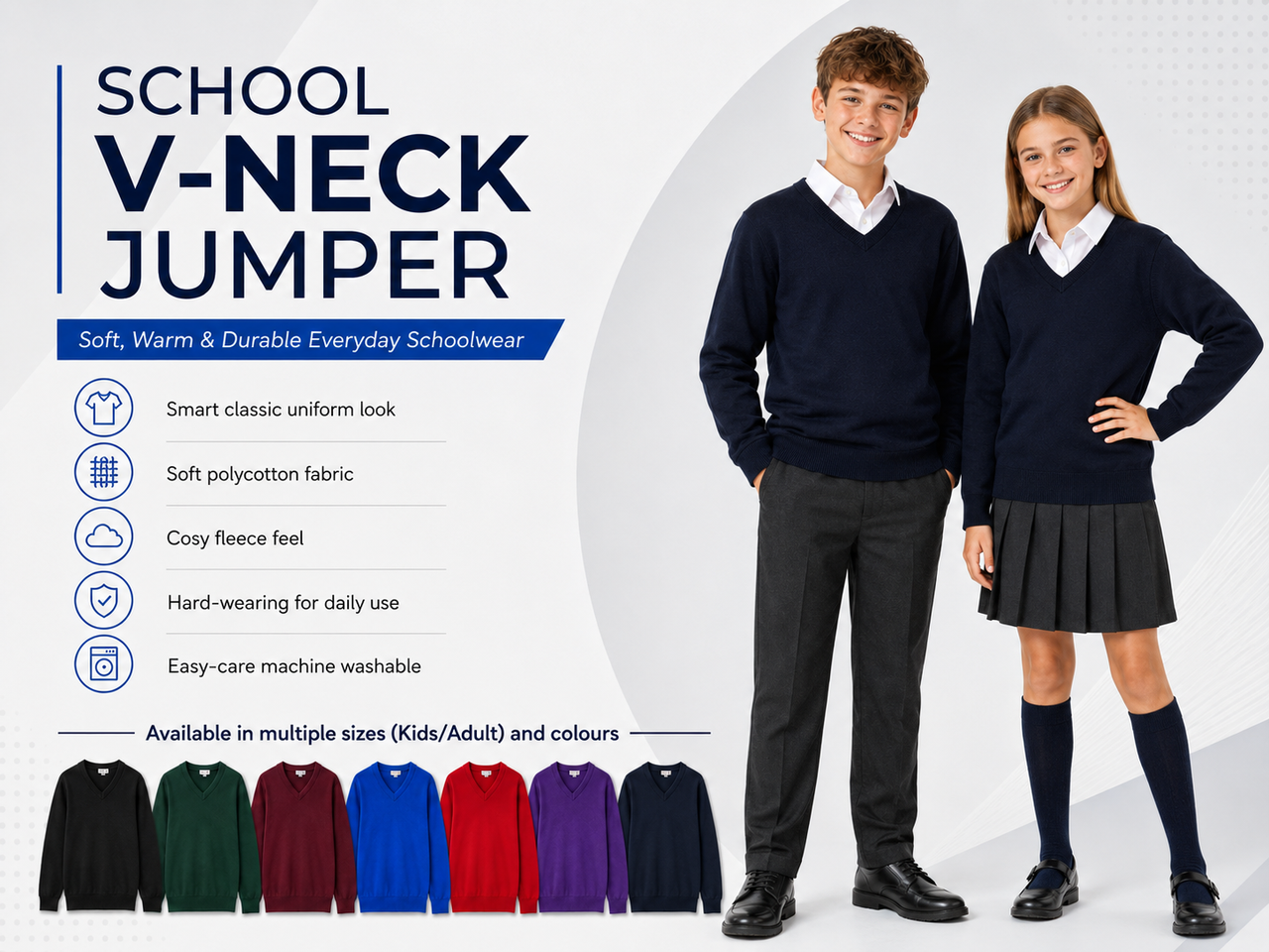 Boys School V-Neck Jumper - Available in multiple sizes and colours