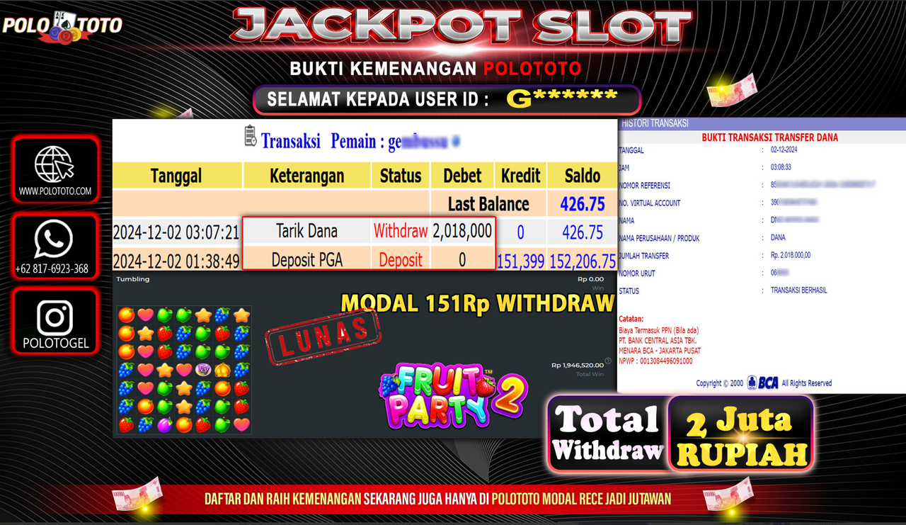 POLOTOTO JACKPOT SLOT FRUIT PARTY 2 Rp.2,018.000,-