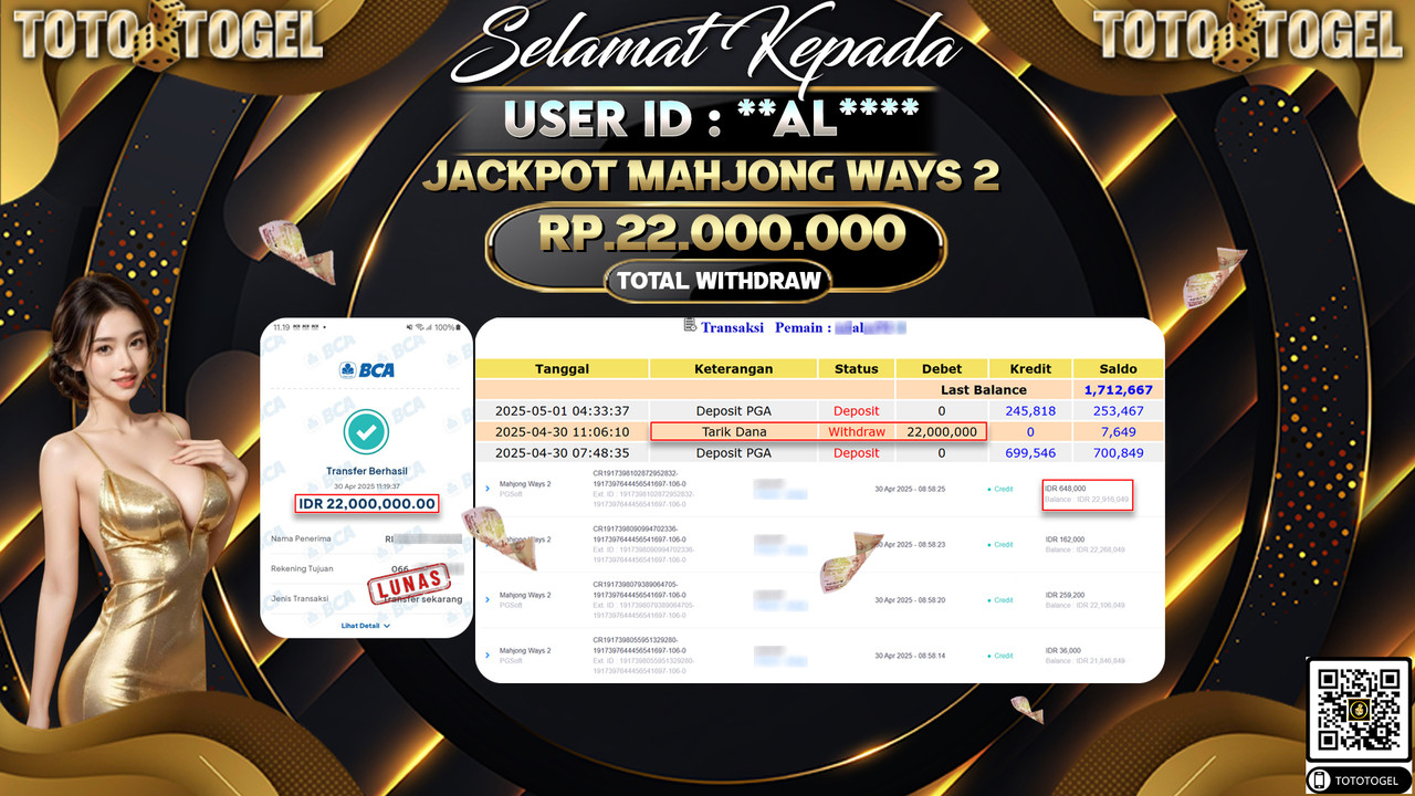 Bukti Pembayaran Jackpot  Permainan Slot Mahjong Ways 2 ID:**AL*** LUNAS