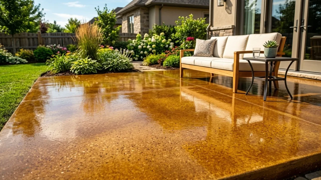 Freshly sealed stained concrete patio showing rich amber tones with wet-look polyurethane finish