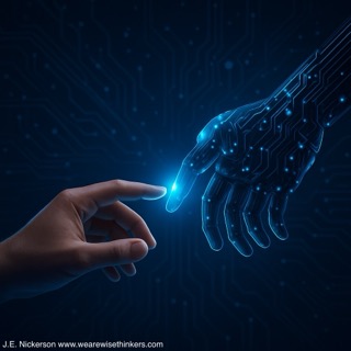 A digital illustration showing a human hand reaching out to touch a glowing robotic hand. The background features a futuristic interface with blue circuit patterns and AI symbols, symbolizing the connection between humans and artificial intelligence.