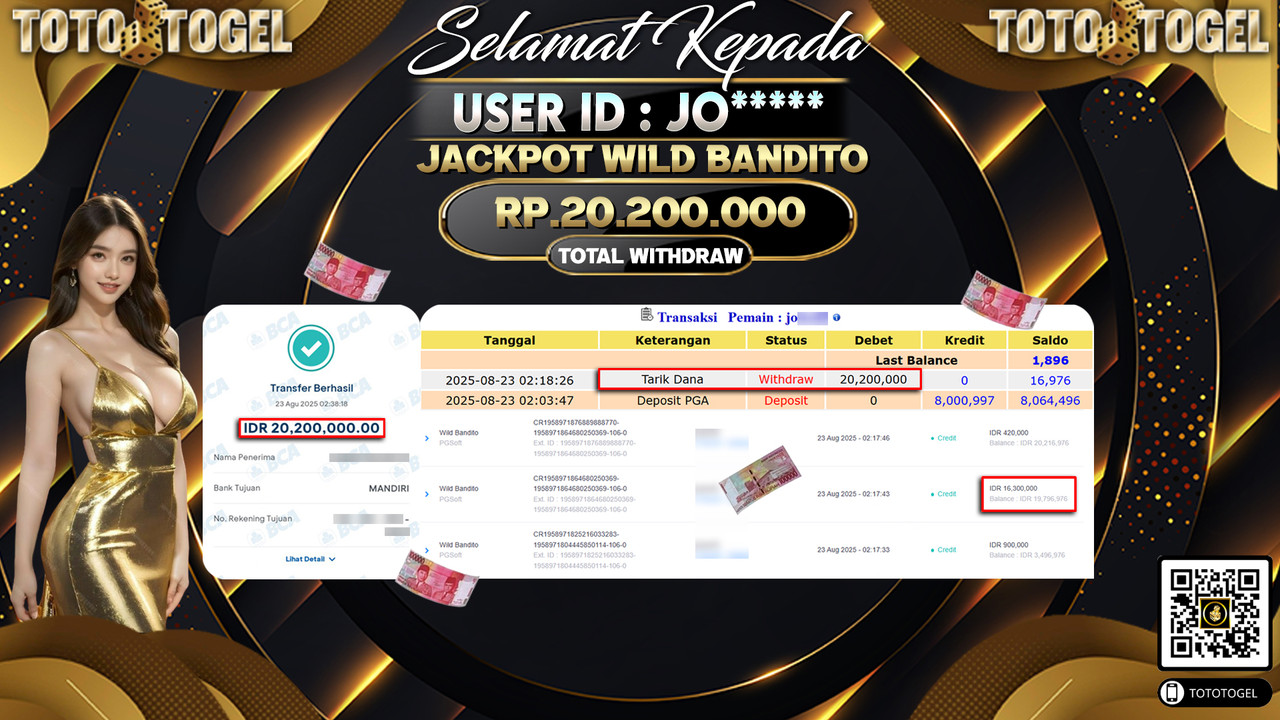 Bukti Pembayaran Jackpot Permainan Slot Wild Bandito ID:JO***** LUNAS