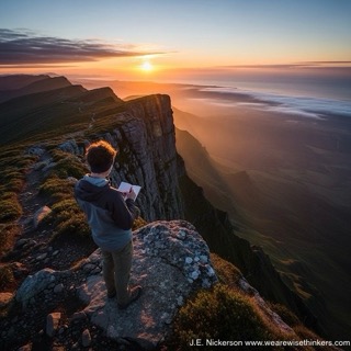 “A lone writer stands at sunrise, overlooking a vast, scenic landscape—symbolizing reflection on the past and anticipation of the creative journey ahead.”