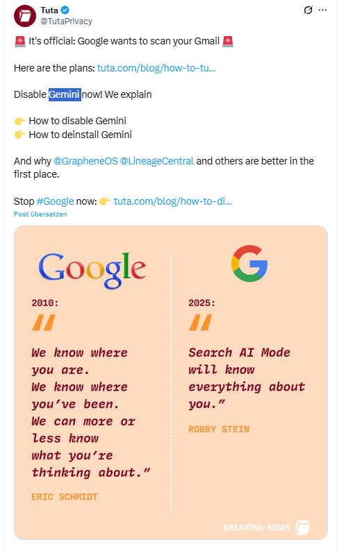 Tuta warnt vor Gemini und Gmail-Scans
