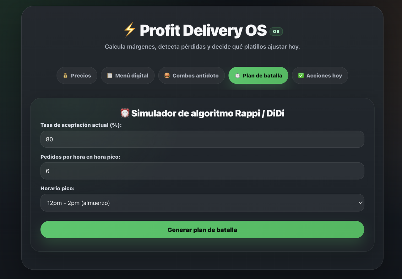 Plan de batalla y simulador de algoritmo de Profit Delivery OS