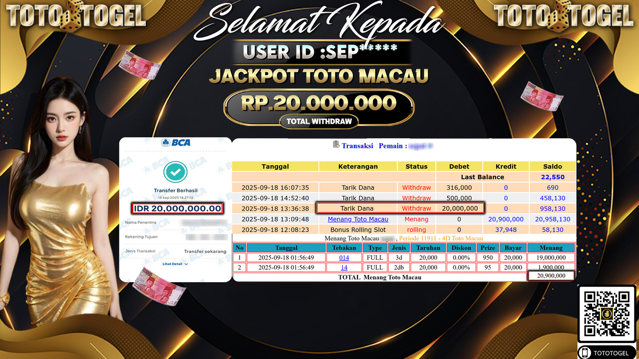 Bukti Pembayaran Jackpot Permainan Togel Toto Macau  ID:SEP*** LUNAS