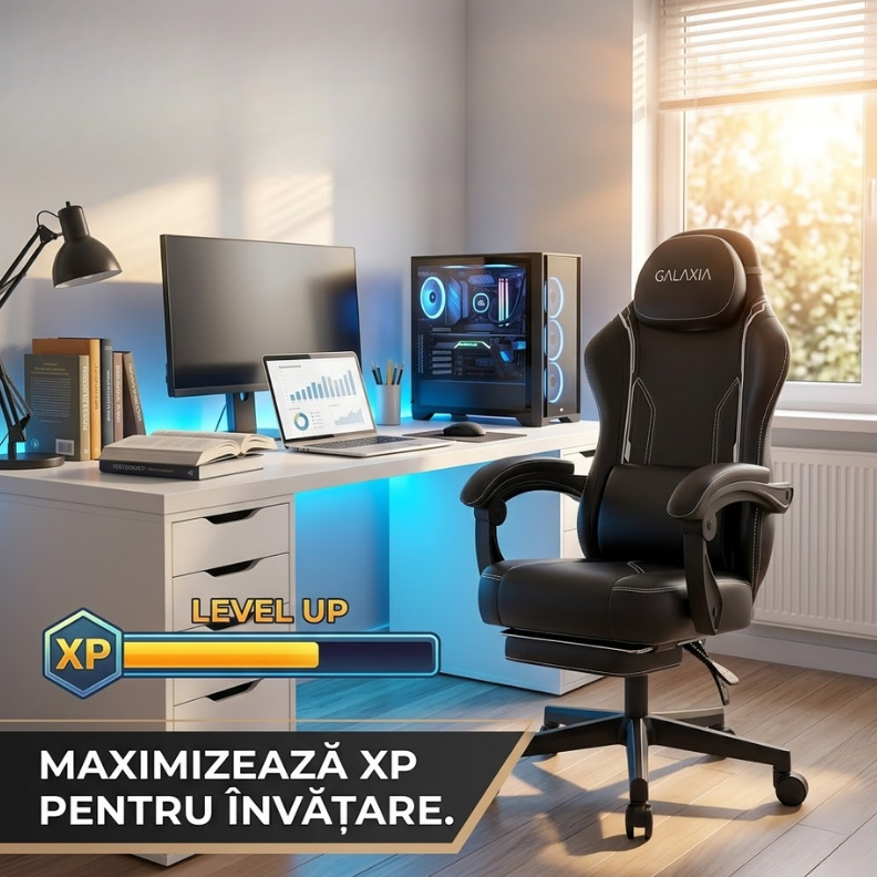 Scaunul de gaming negru intr-un setup modern, langa un birou