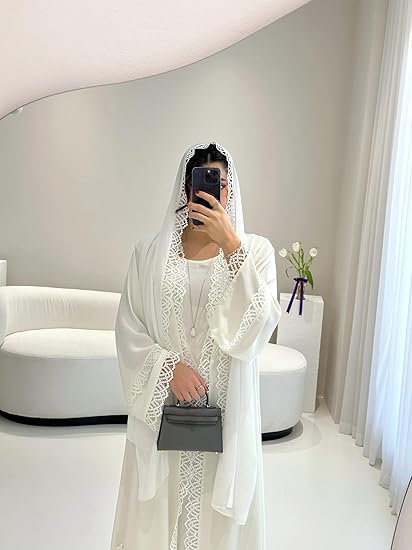Open Robe Abaya Set With Lace Trim