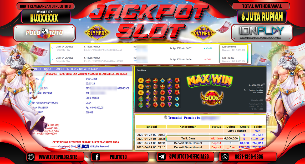 POLOTOTO JACKPOT SLOT GATES OF OLYMPUS Rp.6.000.000,-