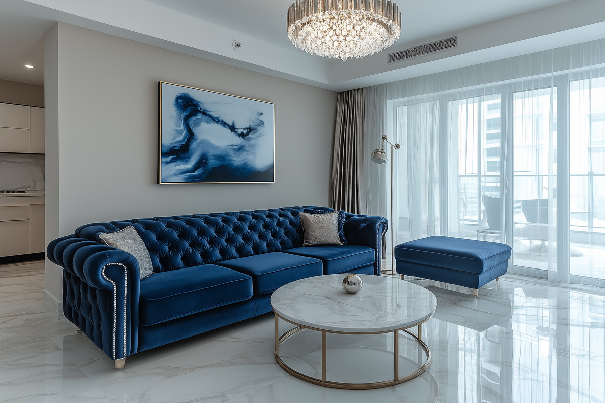 Modern Living Room Design with Dark Blue L-Shaped Sofa and Marble Table
