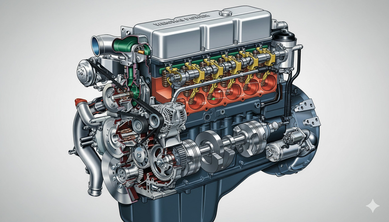 Двигатель Weichai WD10G220E23 в разрезе с клапанным механизмом