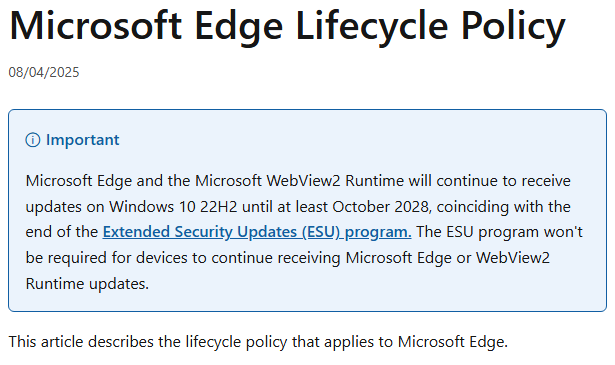 Edge Life Cycle for Windows 10 22H2