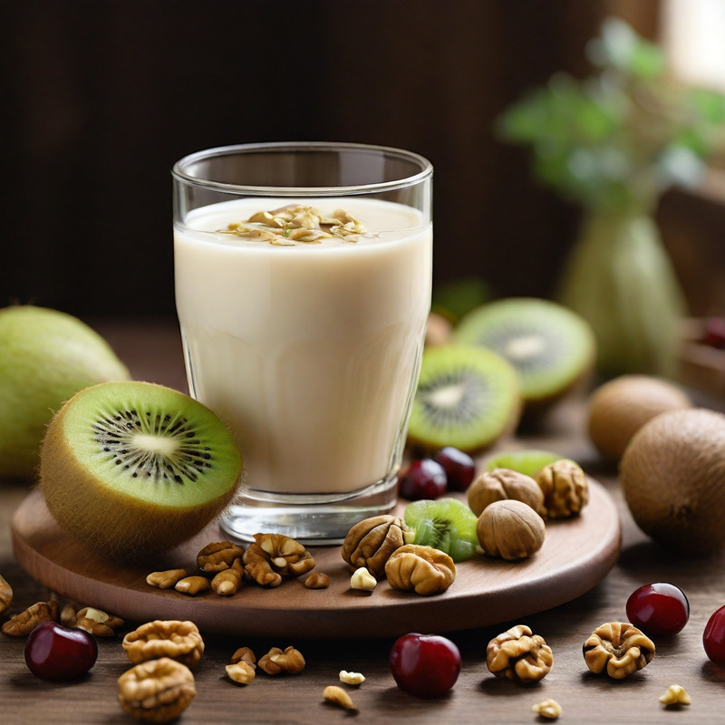Image of a glass of warm milk, a handful of walnuts, slices of kiwi