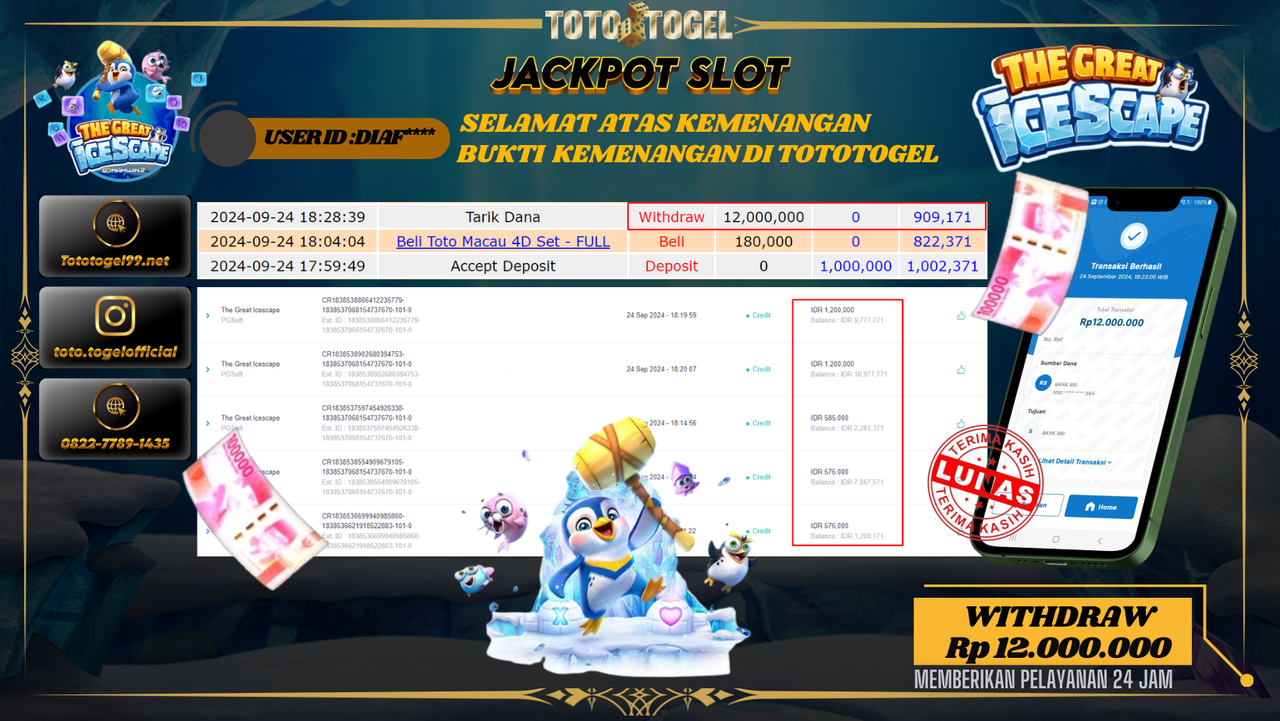 Bukti Kemenangan Permainan SLOT  Dengan ID : DIAF*** Terbayar Lunas!!