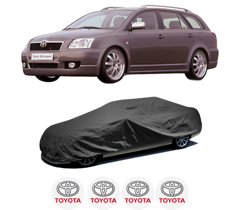 Husa tip prelata auto pentru TOYOTA AVENSIS Estate (_T25_) din 2003-2008, Culoare Negru, material textil impermeabil, rezistanta la intemperii praf UV, CARPASSION Husa Protectie, 4 Stickere auto cu TOYOTA