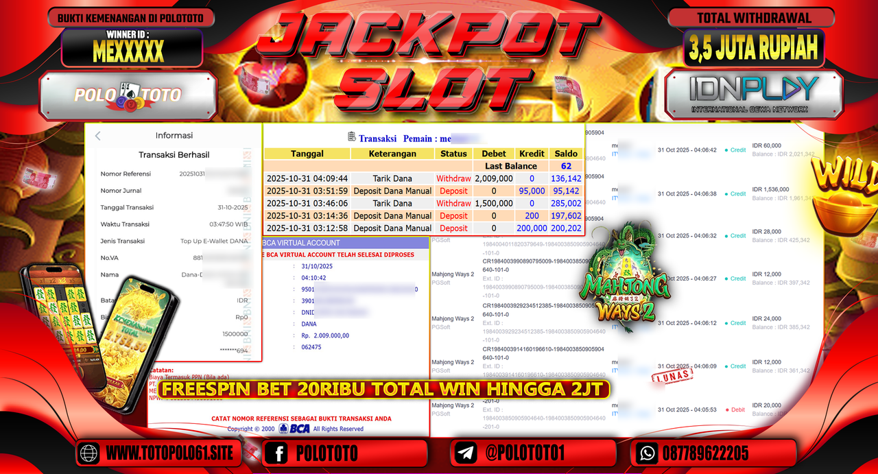 POLOTOTO JACKPOT SLOT MAHJONG WAYS 2 Rp.3.500.000,- LUNAS