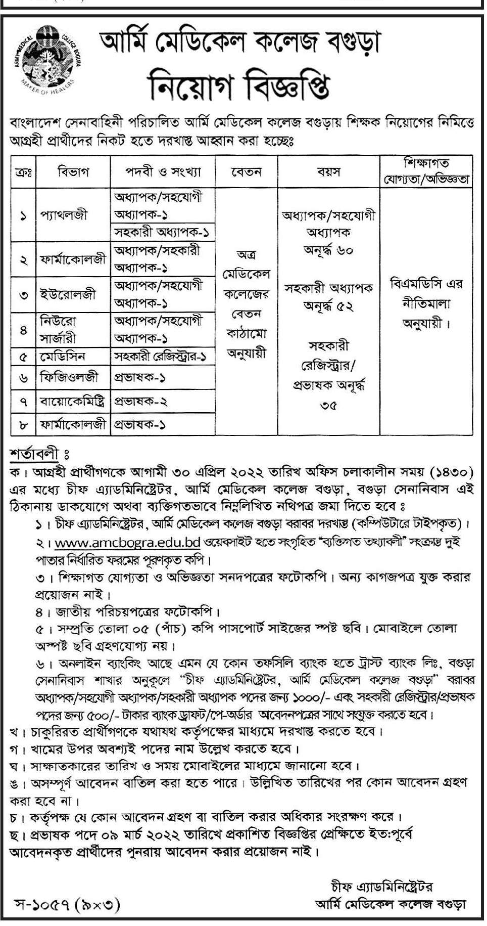 আর্মি মেডিকেল কলেজ বগুড়া নিয়োগ ২০২২
